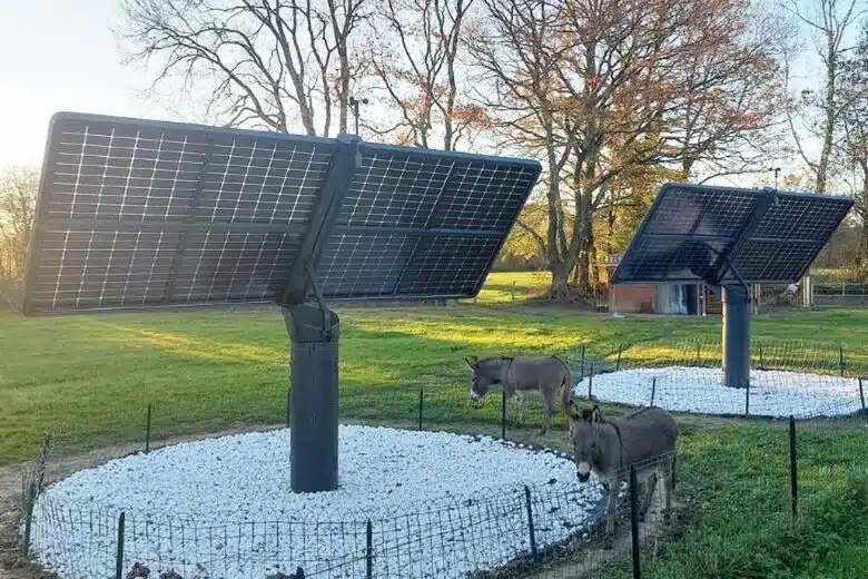 Des trackers solaires dans un jardin pour produire un maximum d'énergie.