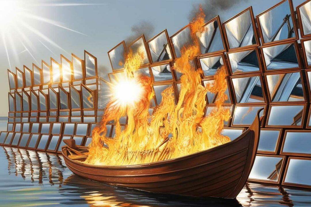 Un bateau prend feu avec les rayons solaire reflétés par des miroirs.