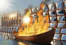 Un bateau prend feu avec les rayons solaire reflétés par des miroirs.