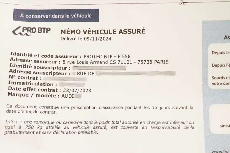 Un Mémo Véhicule Assuré et ses informations.