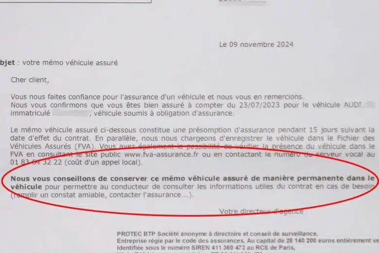 Un Mémo Véhicule Assuré qui conseille de garder le document dans son véhicule.