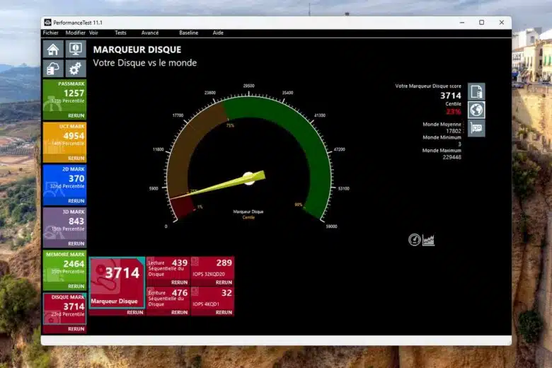 Benchmark du disque dur avec Passmark. Crédit photo : A. Bonazzi pour NeozOne