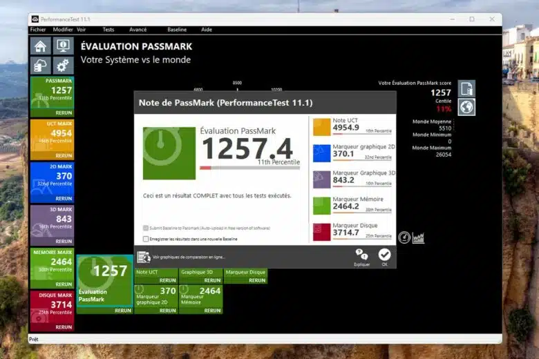 Benchmark avec le logiciel Passmark. Crédit photo : A. Bonazzi pour NeozOne