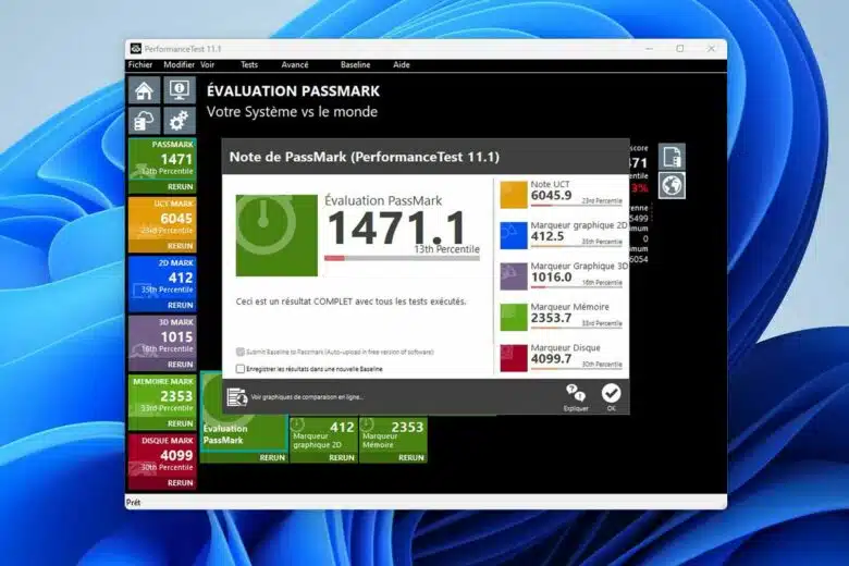 Benchmark avec le logiciel Passmark.
