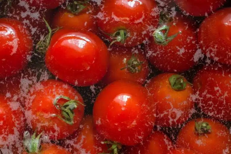 Des tomates trempent dans de l'eau.