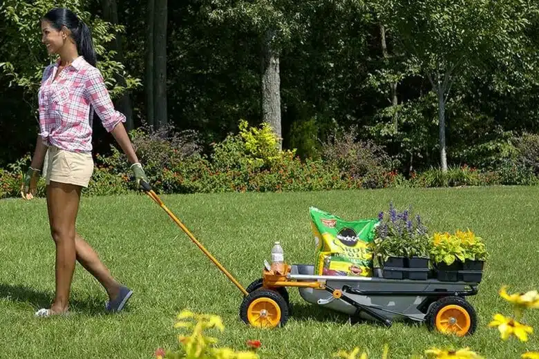 Une femme tirant un chariot.