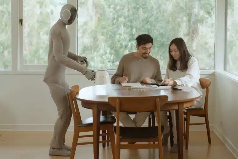 Un couple se fait servir du café par un robot humanoïde.