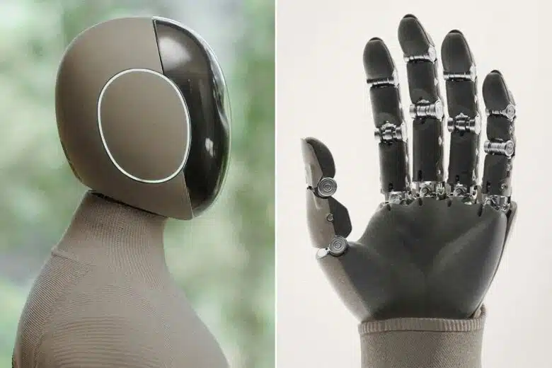 La tête de profil et la main du robot humanoïde NEO Gamma de 1X.