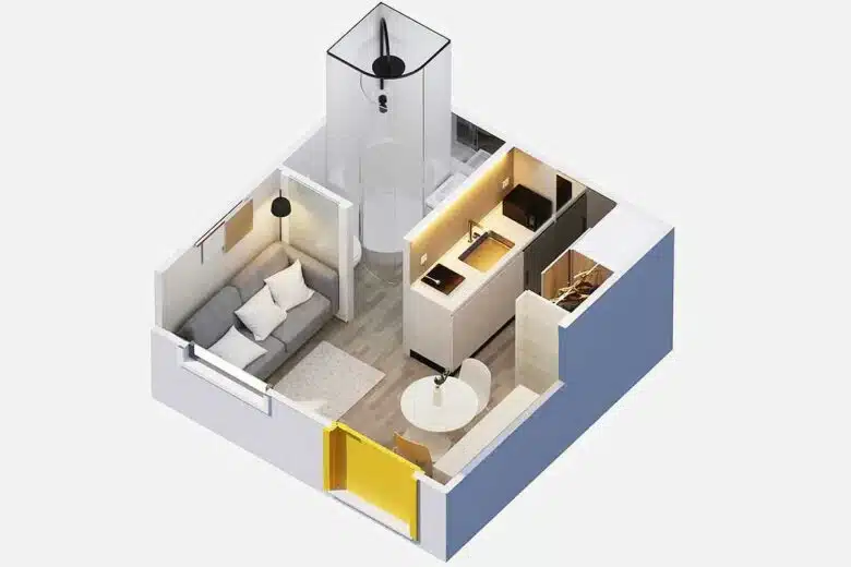 L'espace intérieur de la mini maison.