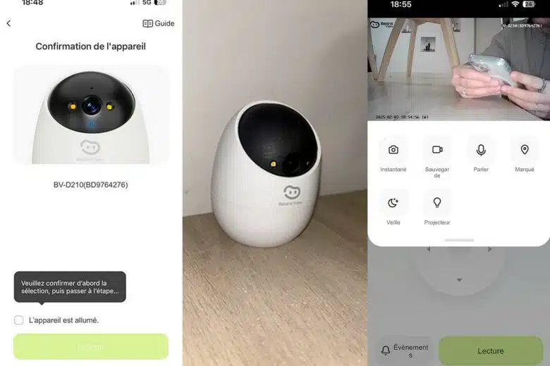 L’installation et l’interface de la caméra Beans View D210 2K présentées avec des captures d’écran