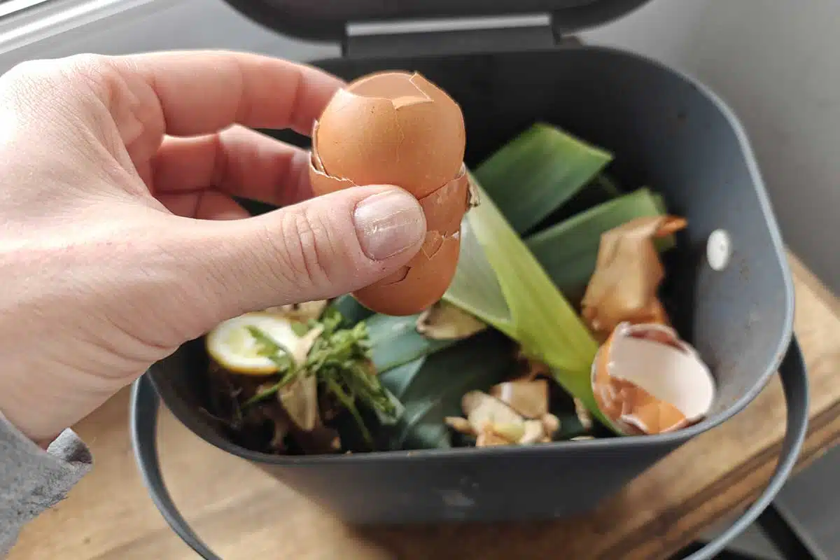 Une personne dépose des déchets alimentaires au compost.