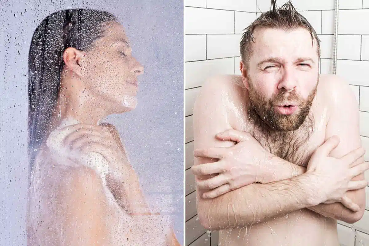 Une femme et un homme sous la douche à des températures différentes.