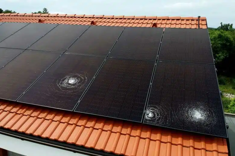 Des panneaux solaires endommagés par la grêle.