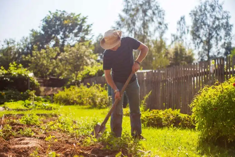 Un homme prépare la terre de son potager.