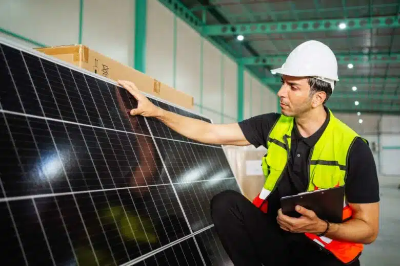 Un homme inspecte un panneau solaire.