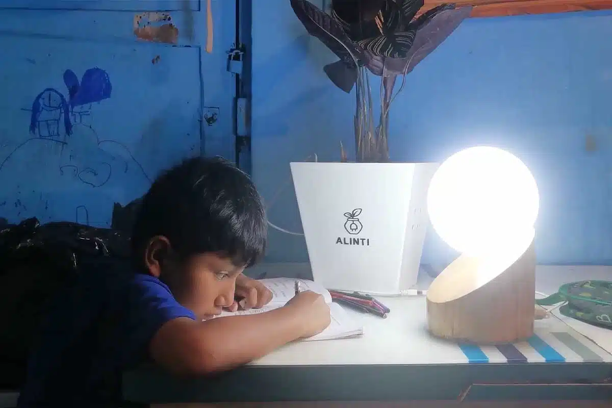 Un enfant fait ses devoirs avec une lumière alimentée par une plante.