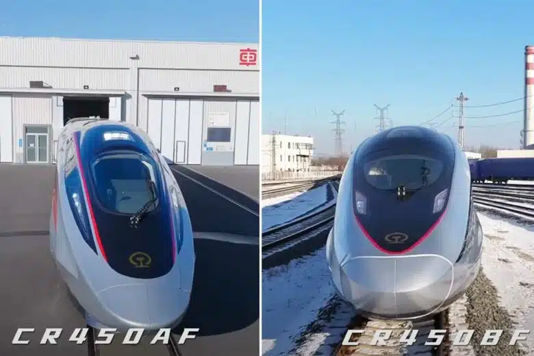 Les deux prototypes de trains à grande vitesse baptisés CR450AF et CR450BF.