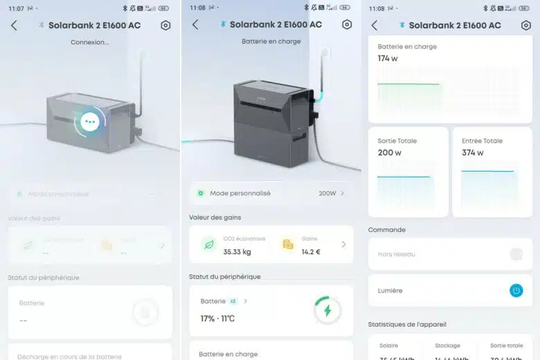 Interface de l'application Anker Solix permettant un suivi en temps réel de la production.