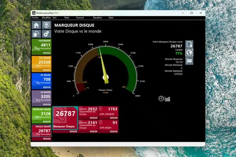 Le benchmark du disque dur SSD avec Passmark. Crédit photo : A. Bonazzi pour NeozOne