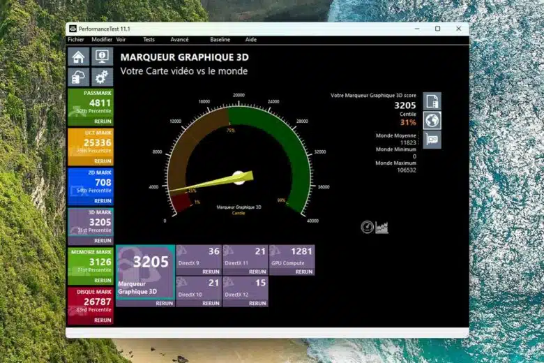 Le benchmark de la carte graphique avec Passmark. Crédit photo : A. Bonazzi pour NeozOne