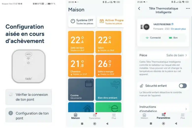 Application mobile tado° X : gestion intuitive des températures pièce par pièce et configuration rapide. 